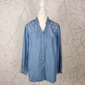 Linea Tesini Blue Chambray Tencel Floral Embroidered Button Up Blouse
